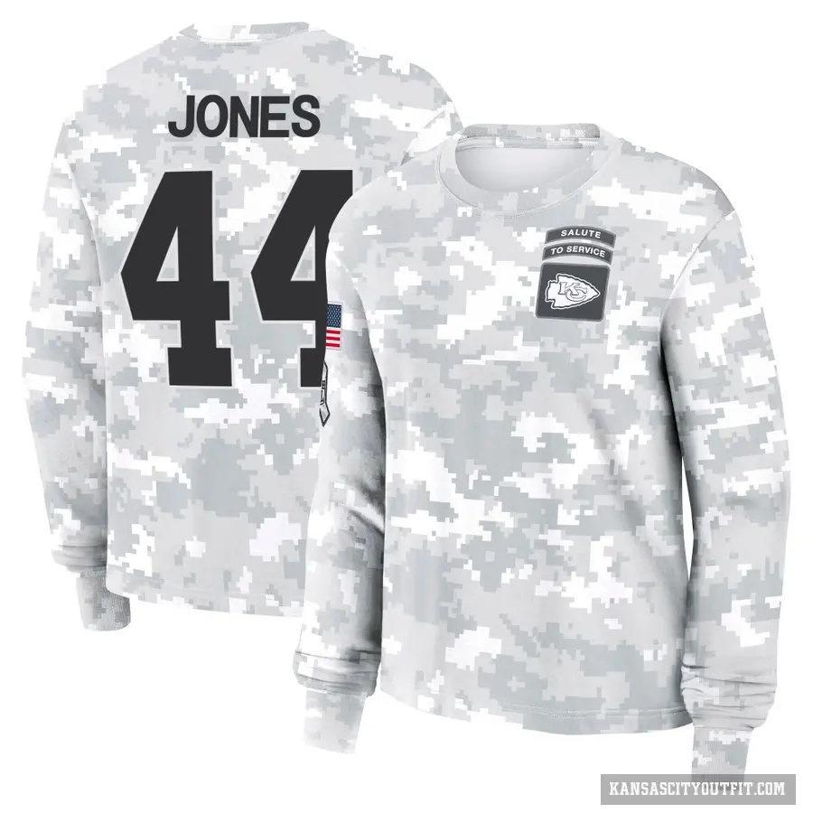 Women's ＃44 Cam Jones Kansas City Chiefs Camo Arctic 2024 Salute to Service Long Sleeve T-Shirt