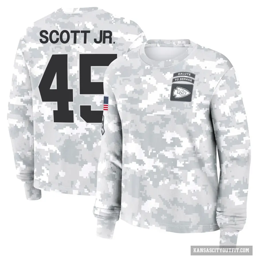 Women's ＃45 Eric Scott Jr. Kansas City Chiefs Camo Arctic 2024 Salute to Service Long Sleeve T-Shirt