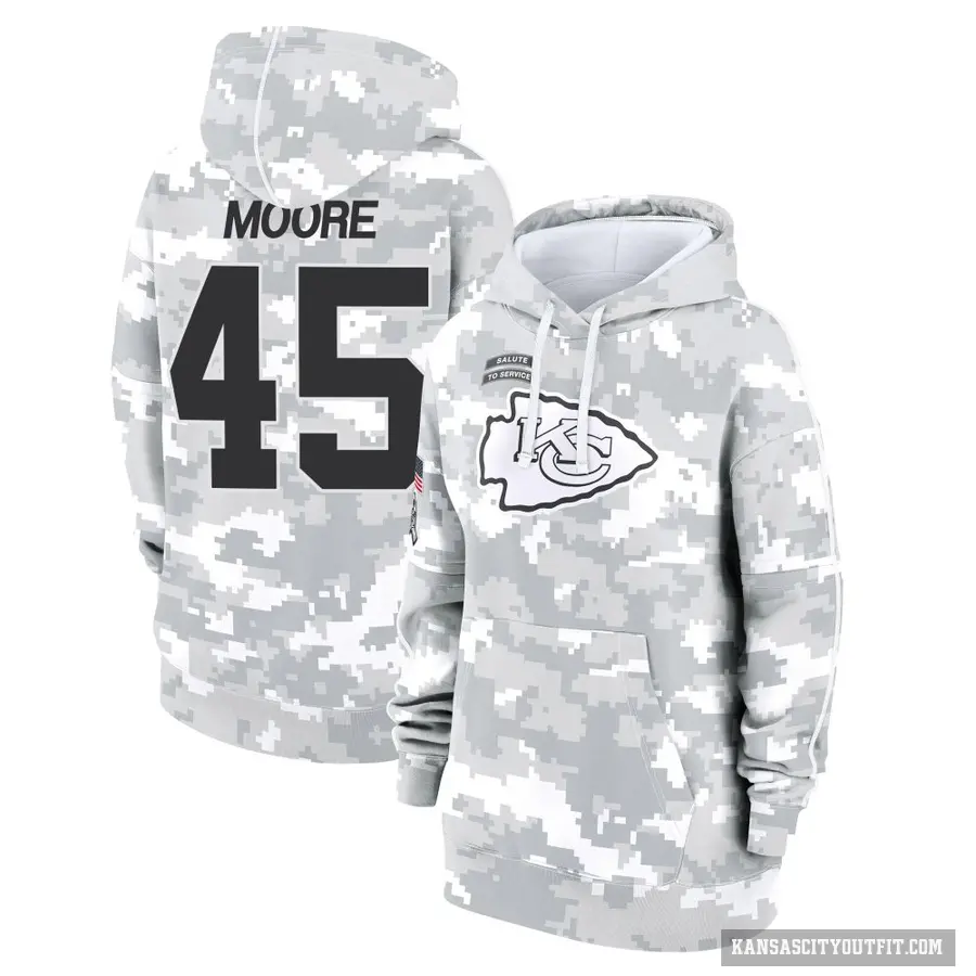 Women's ＃45 Isaiah Moore Kansas City Chiefs Arctic Camo 2024 Salute to Service Club Fleece Pullover Hoodie
