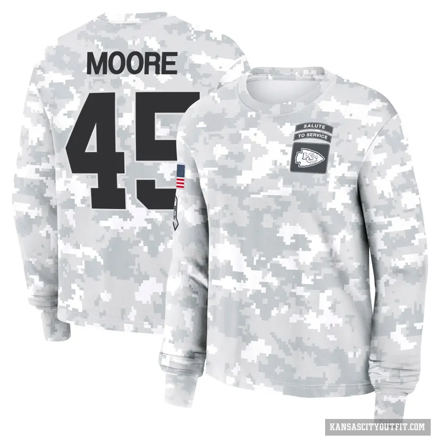 Women's ＃45 Isaiah Moore Kansas City Chiefs Camo Arctic 2024 Salute to Service Long Sleeve T-Shirt