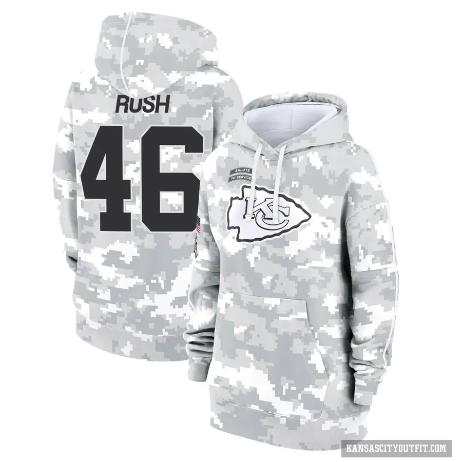 Women's ＃46 Darius Rush Kansas City Chiefs Arctic Camo 2024 Salute to Service Club Fleece Pullover Hoodie