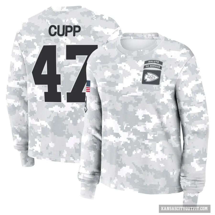 Women's ＃47 Baylor Cupp Kansas City Chiefs Camo Arctic 2024 Salute to Service Long Sleeve T-Shirt