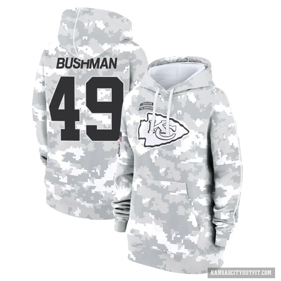Women's ＃49 Matt Bushman Kansas City Chiefs Arctic Camo 2024 Salute to Service Club Fleece Pullover Hoodie