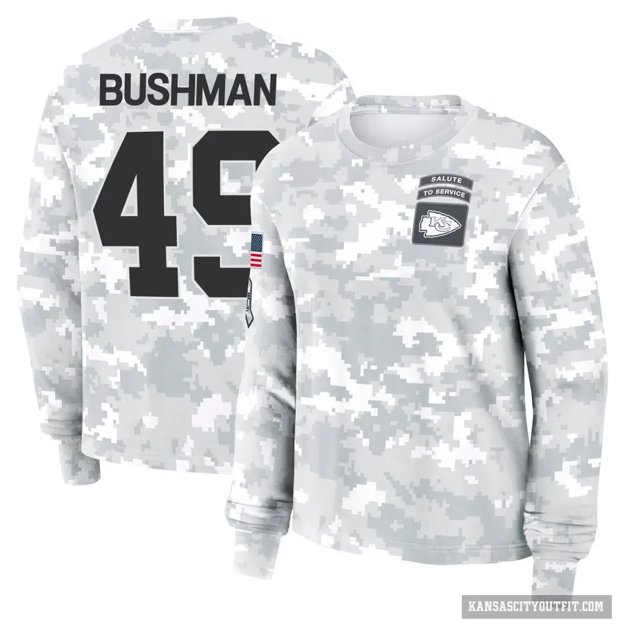 Women's ＃49 Matt Bushman Kansas City Chiefs Camo Arctic 2024 Salute to Service Long Sleeve T-Shirt