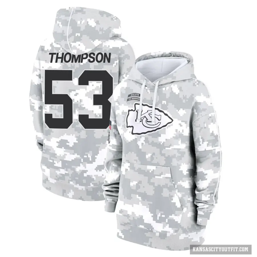 Women's ＃53 BJ Thompson Kansas City Chiefs Arctic Camo 2024 Salute to Service Club Fleece Pullover Hoodie