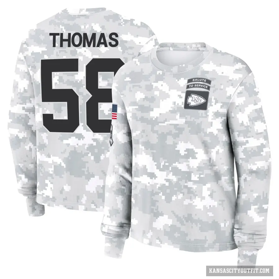 Women's ＃58 Derrick Thomas Kansas City Chiefs Camo Arctic 2024 Salute to Service Long Sleeve T-Shirt