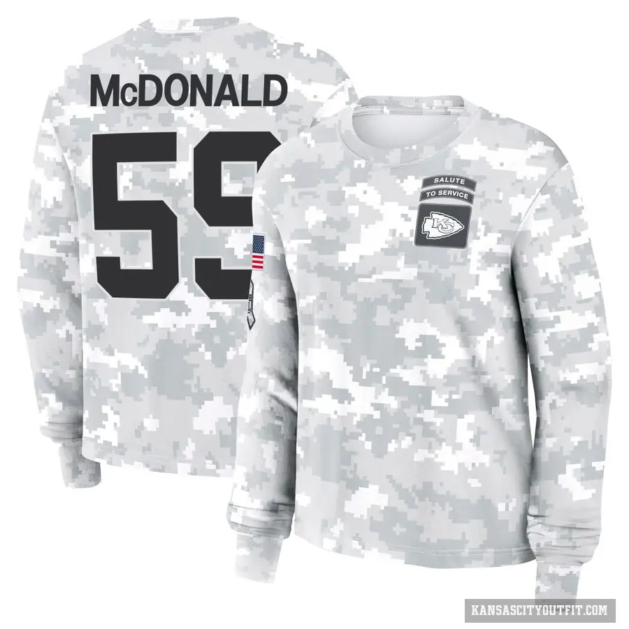 Women's ＃59 Cooper McDonald Kansas City Chiefs Camo Arctic 2024 Salute to Service Long Sleeve T-Shirt