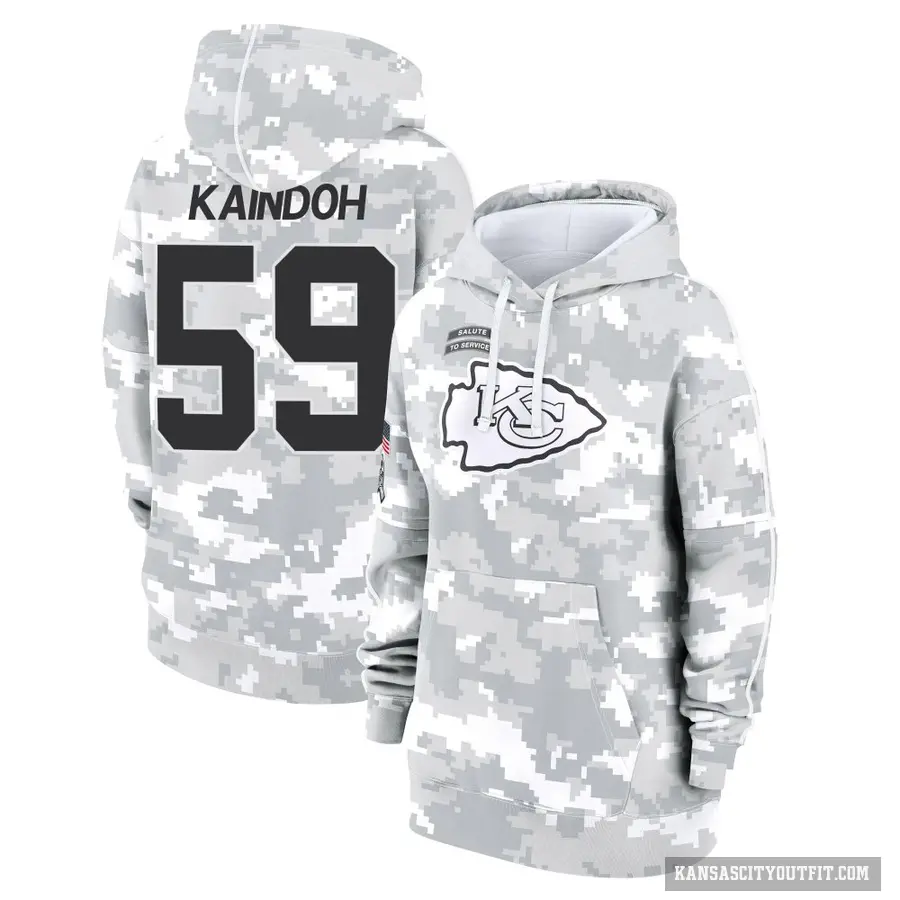 Women's ＃59 Joshua Kaindoh Kansas City Chiefs Arctic Camo 2024 Salute to Service Club Fleece Pullover Hoodie