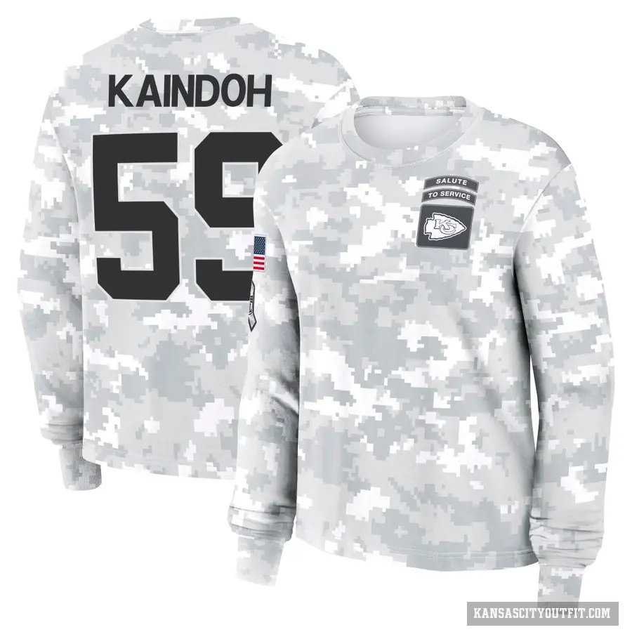 Women's ＃59 Joshua Kaindoh Kansas City Chiefs Camo Arctic 2024 Salute to Service Long Sleeve T-Shirt