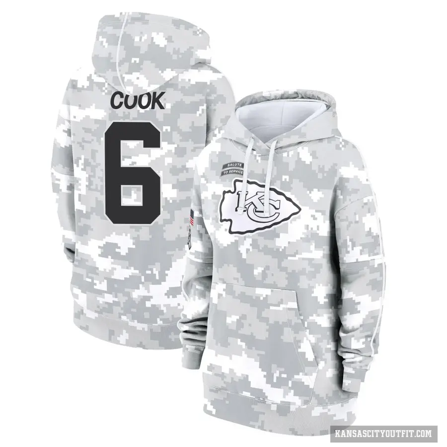 Women's ＃6 Bryan Cook Kansas City Chiefs Arctic Camo 2024 Salute to Service Club Fleece Pullover Hoodie