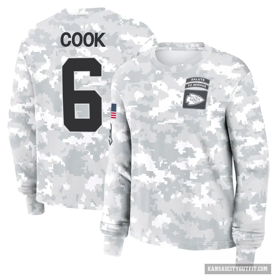 Women's ＃6 Bryan Cook Kansas City Chiefs Camo Arctic 2024 Salute to Service Long Sleeve T-Shirt