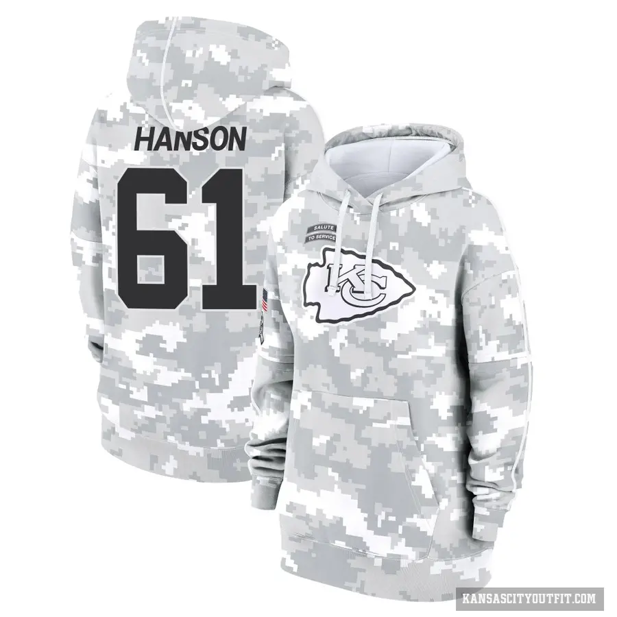 Women's ＃61 C.J. Hanson Kansas City Chiefs Arctic Camo 2024 Salute to Service Club Fleece Pullover Hoodie