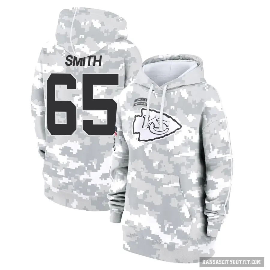Women's ＃65 Trey Smith Kansas City Chiefs Arctic Camo 2024 Salute to Service Club Fleece Pullover Hoodie