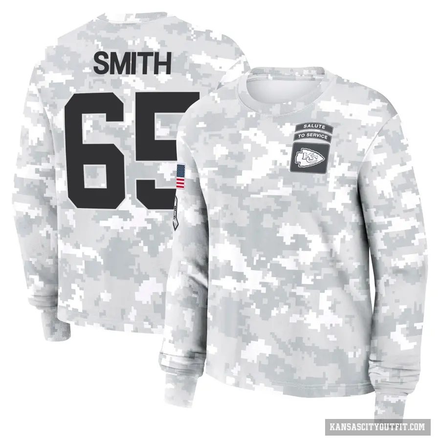 Women's ＃65 Trey Smith Kansas City Chiefs Camo Arctic 2024 Salute to Service Long Sleeve T-Shirt