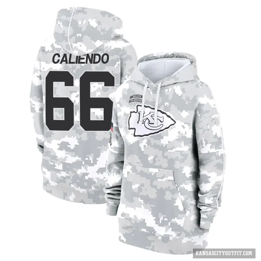 Women's ＃66 Mike Caliendo Kansas City Chiefs Arctic Camo 2024 Salute to Service Club Fleece Pullover Hoodie