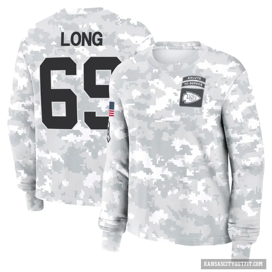 Women's ＃69 Kyle Long Kansas City Chiefs Camo Arctic 2024 Salute to Service Long Sleeve T-Shirt