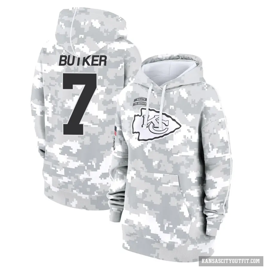 Women's ＃7 Harrison Butker Kansas City Chiefs Arctic Camo 2024 Salute to Service Club Fleece Pullover Hoodie