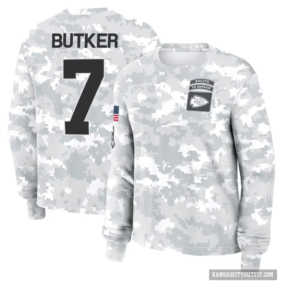 Women's ＃7 Harrison Butker Kansas City Chiefs Camo Arctic 2024 Salute to Service Long Sleeve T-Shirt