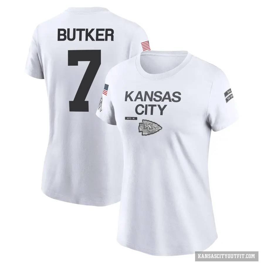 Women's ＃7 Harrison Butker Kansas City Chiefs White 2024 Salute to Service Performance T-Shirt