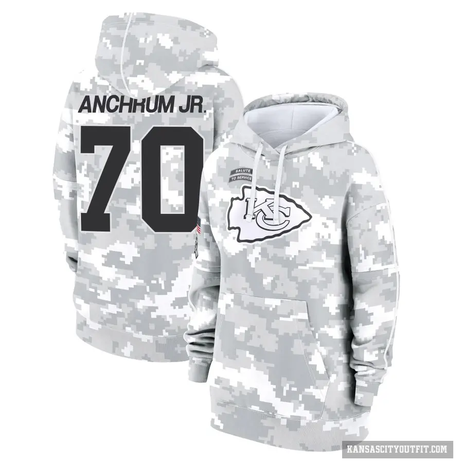 Women's ＃70 Tremayne Anchrum Jr. Kansas City Chiefs Arctic Camo 2024 Salute to Service Club Fleece Pullover Hoodie