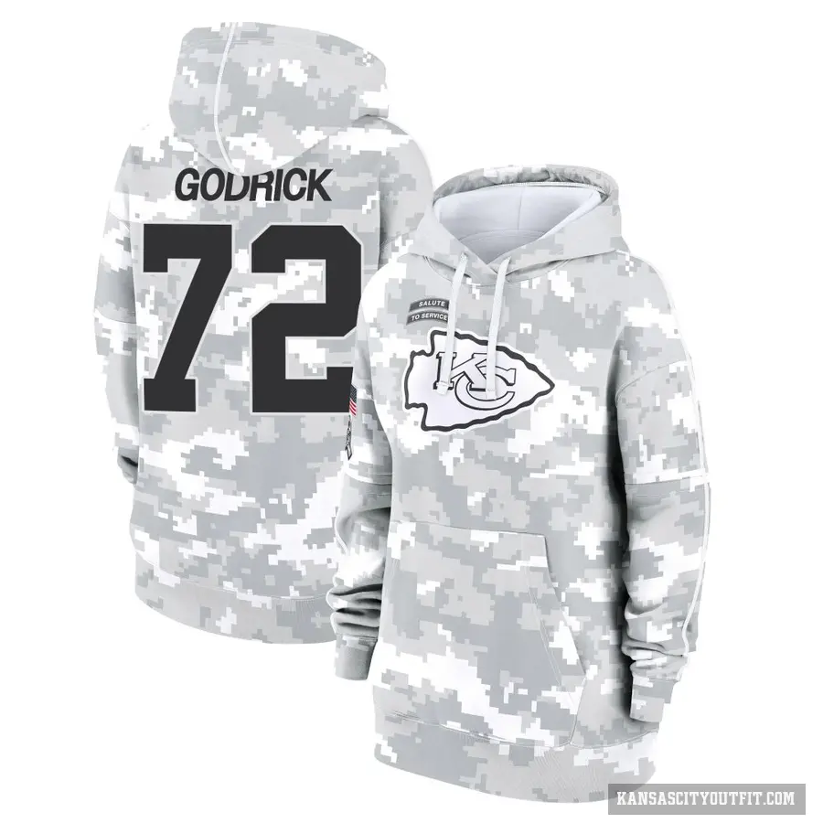 Women's ＃72 Chukwuebuka Godrick Kansas City Chiefs Arctic Camo 2024 Salute to Service Club Fleece Pullover Hoodie
