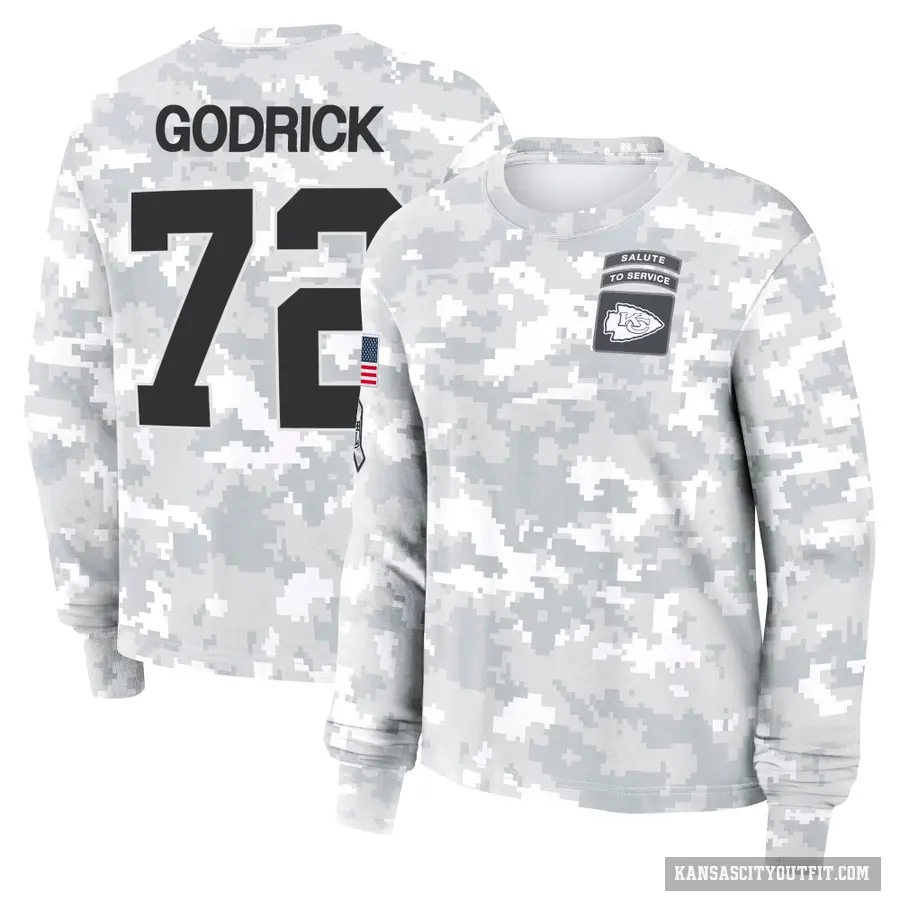 Women's ＃72 Chukwuebuka Godrick Kansas City Chiefs Camo Arctic 2024 Salute to Service Long Sleeve T-Shirt