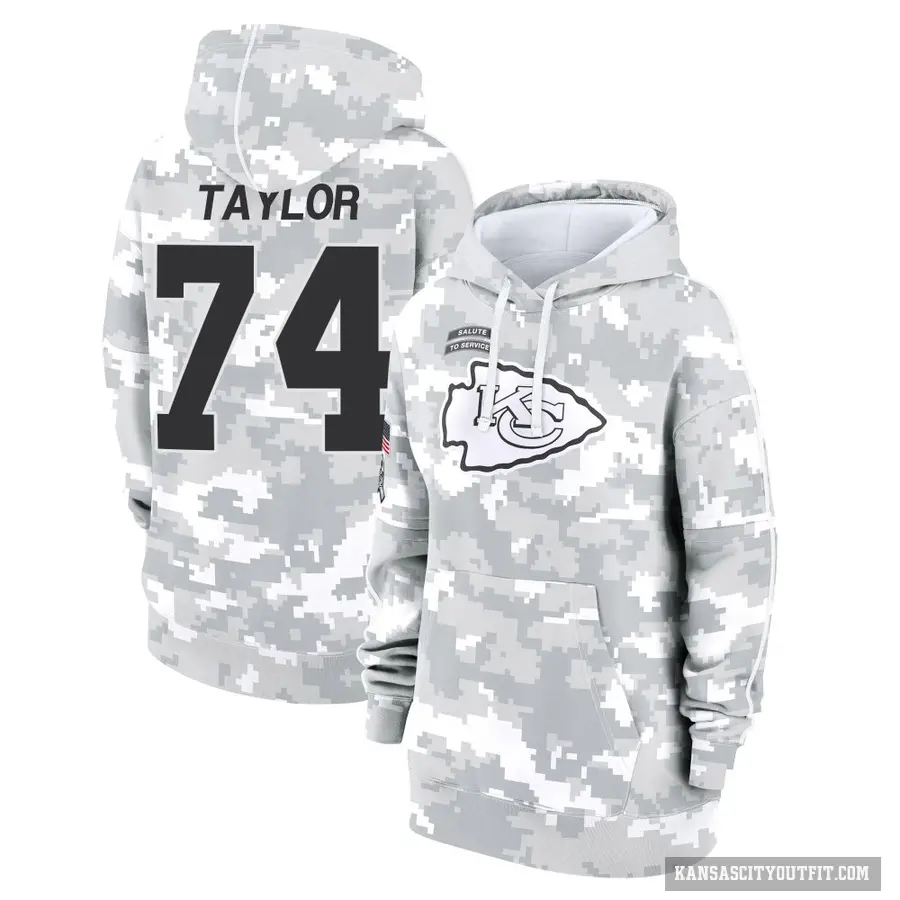 Women's ＃74 Jawaan Taylor Kansas City Chiefs Arctic Camo 2024 Salute to Service Club Fleece Pullover Hoodie