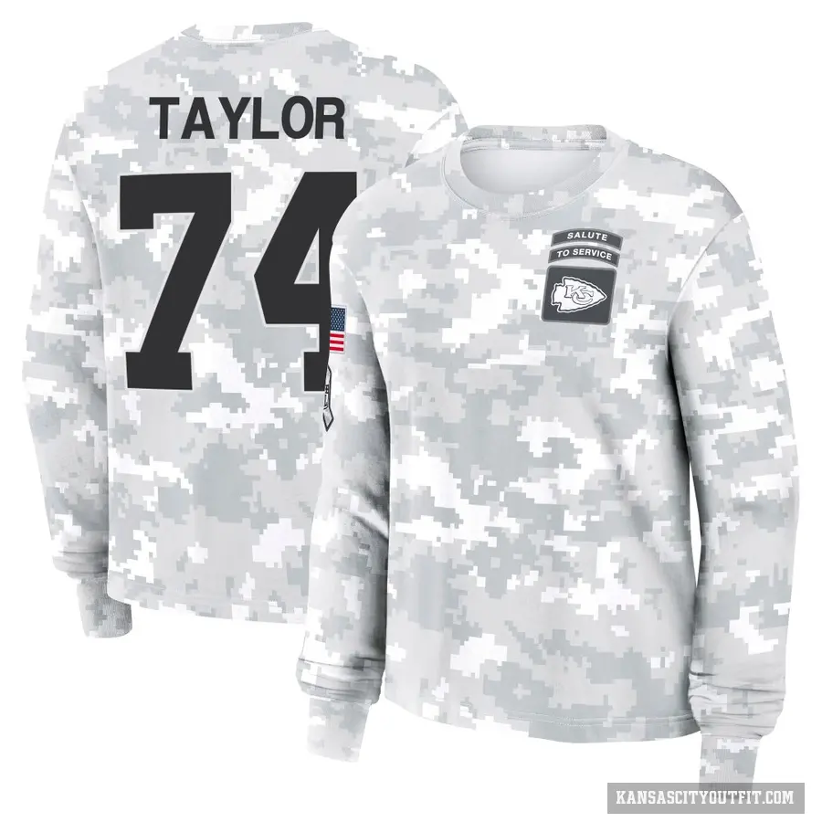 Women's ＃74 Jawaan Taylor Kansas City Chiefs Camo Arctic 2024 Salute to Service Long Sleeve T-Shirt