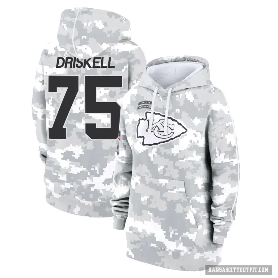 Women's ＃75 Ethan Driskell Kansas City Chiefs Arctic Camo 2024 Salute to Service Club Fleece Pullover Hoodie