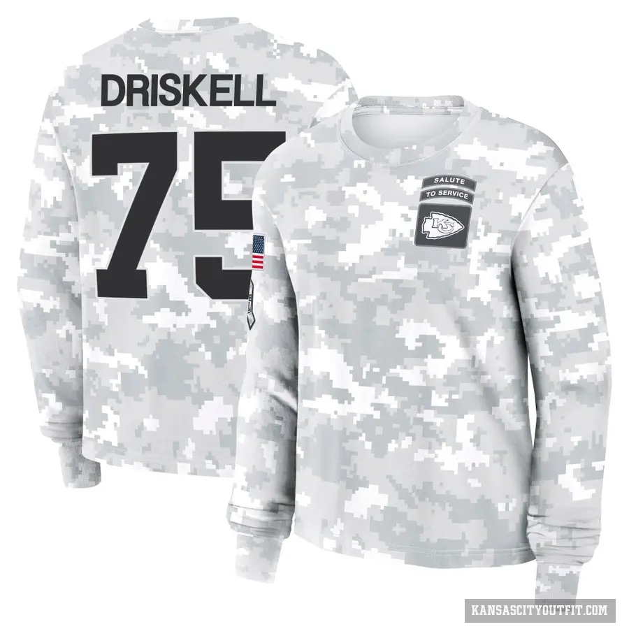 Women's ＃75 Ethan Driskell Kansas City Chiefs Camo Arctic 2024 Salute to Service Long Sleeve T-Shirt