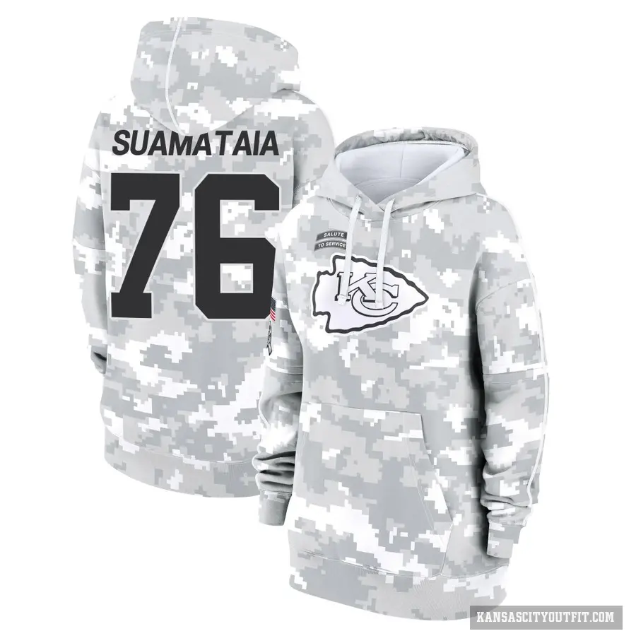 Women's ＃76 Kingsley Suamataia Kansas City Chiefs Arctic Camo 2024 Salute to Service Club Fleece Pullover Hoodie