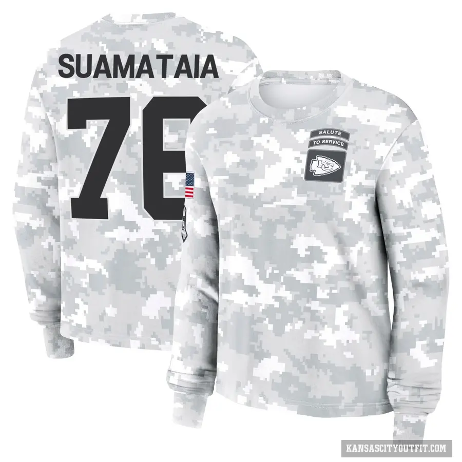 Women's ＃76 Kingsley Suamataia Kansas City Chiefs Camo Arctic 2024 Salute to Service Long Sleeve T-Shirt
