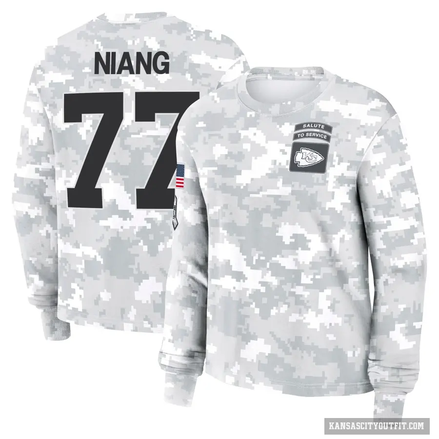 Women's ＃77 Lucas Niang Kansas City Chiefs Camo Arctic 2024 Salute to Service Long Sleeve T-Shirt
