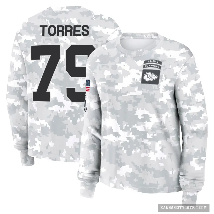Women's ＃79 Nick Torres Kansas City Chiefs Camo Arctic 2024 Salute to Service Long Sleeve T-Shirt