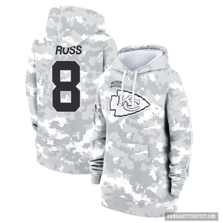 Women's ＃8 Justyn Ross Kansas City Chiefs Arctic Camo 2024 Salute to Service Club Fleece Pullover Hoodie
