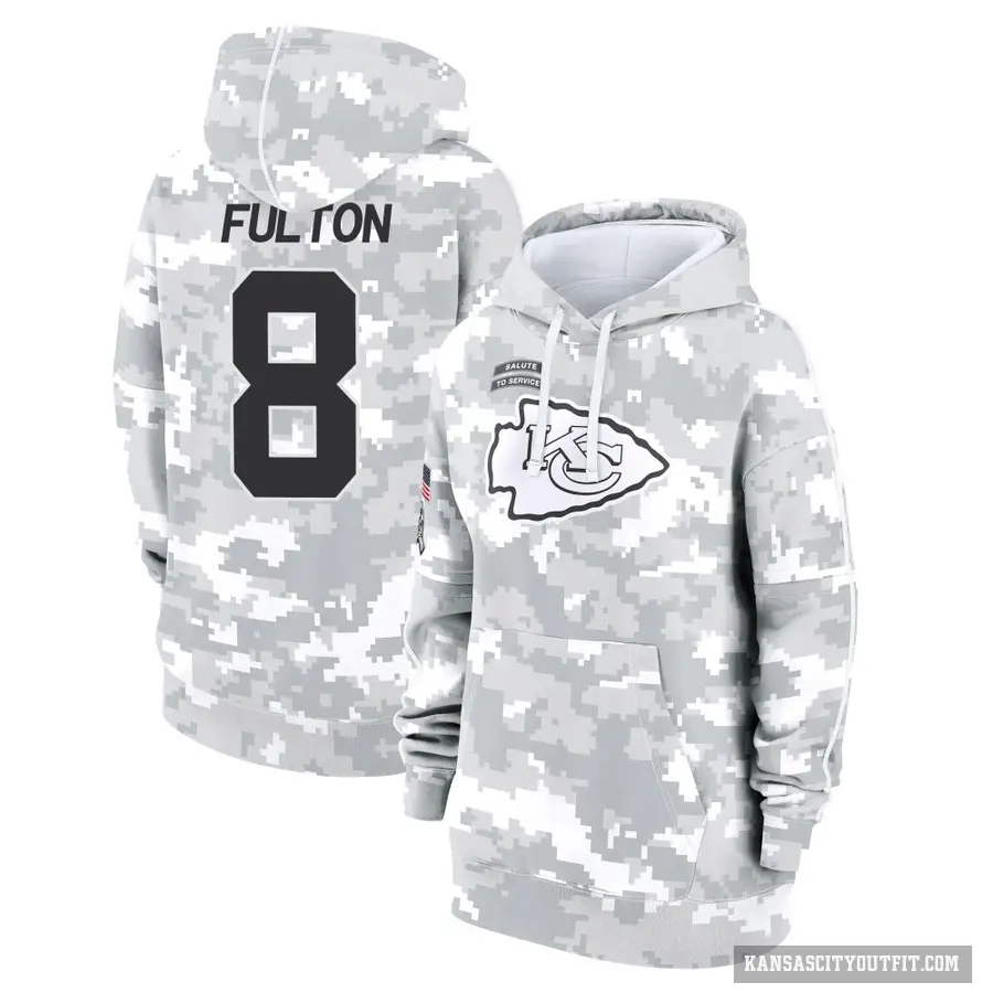 Women's ＃8 Kristian Fulton Kansas City Chiefs Arctic Camo 2024 Salute to Service Club Fleece Pullover Hoodie