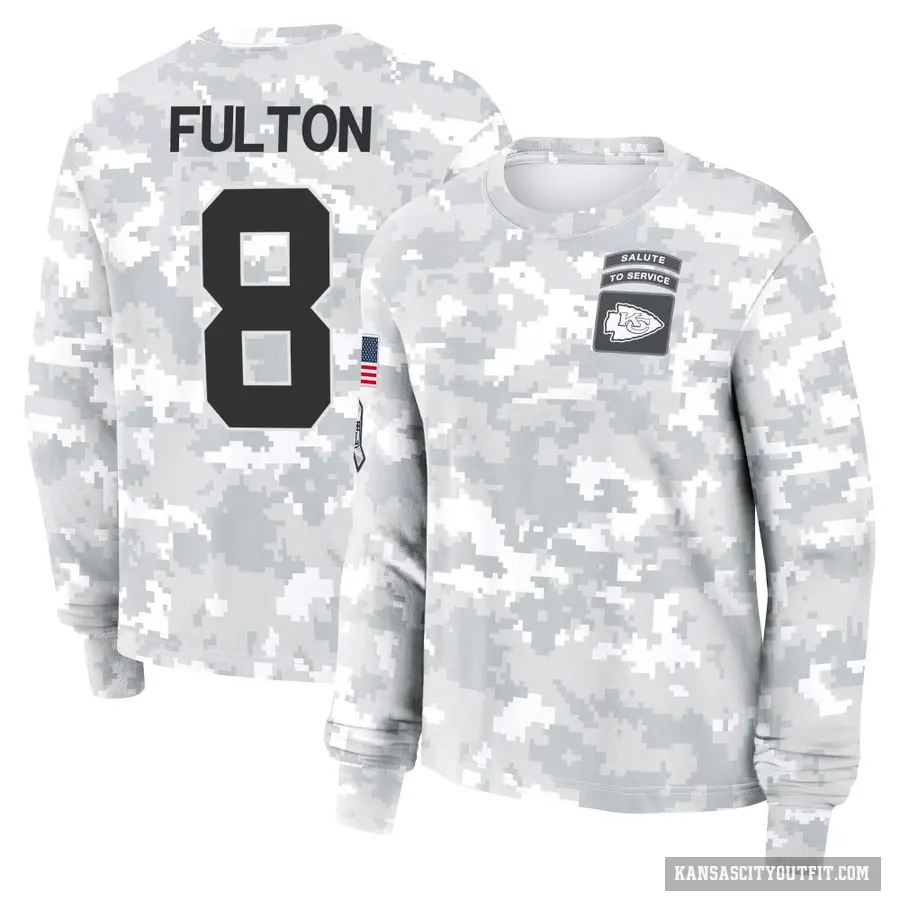 Women's ＃8 Kristian Fulton Kansas City Chiefs Camo Arctic 2024 Salute to Service Long Sleeve T-Shirt