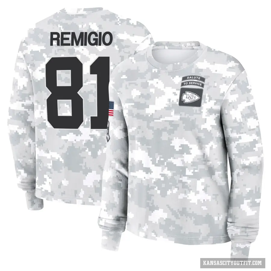 Women's ＃81 Nikko Remigio Kansas City Chiefs Camo Arctic 2024 Salute to Service Long Sleeve T-Shirt