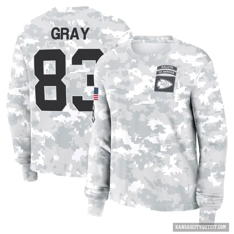 Women's ＃83 Noah Gray Kansas City Chiefs Camo Arctic 2024 Salute to Service Long Sleeve T-Shirt