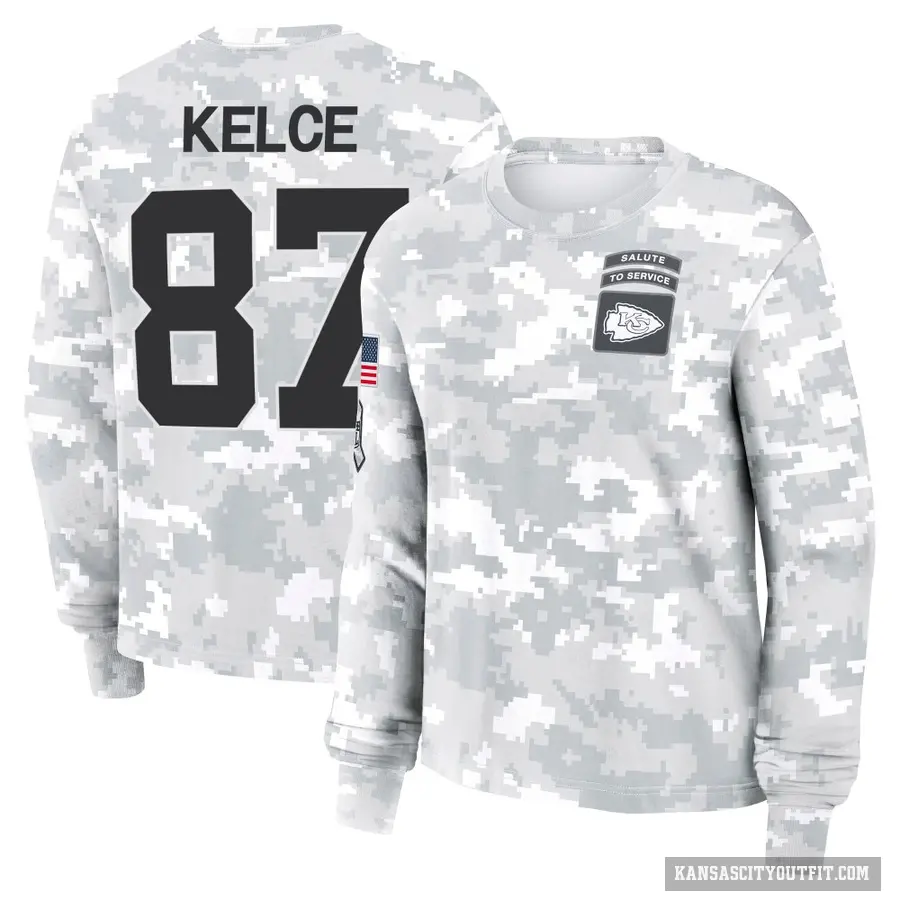 Women's ＃87 Travis Kelce Kansas City Chiefs Camo Arctic 2024 Salute to Service Long Sleeve T-Shirt