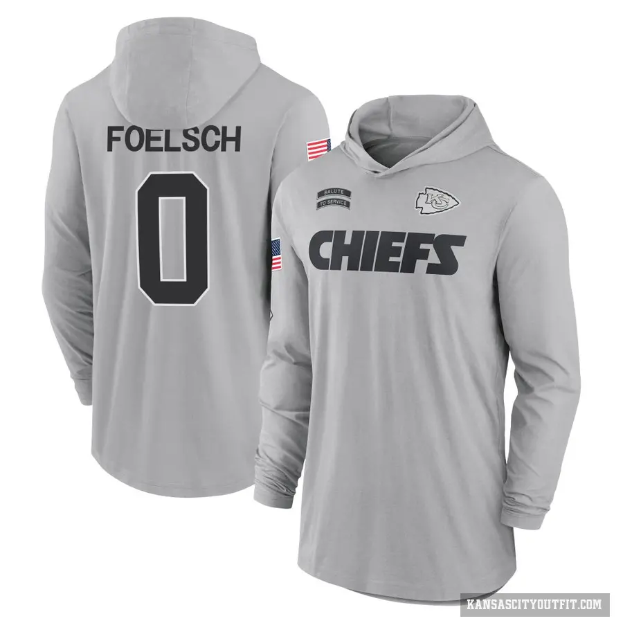 Youth ＃0 Kevin Foelsch Kansas City Chiefs Gray 2024 Salute to Service Lightweight Performance Long Sleeve Hooded T-Shirt
