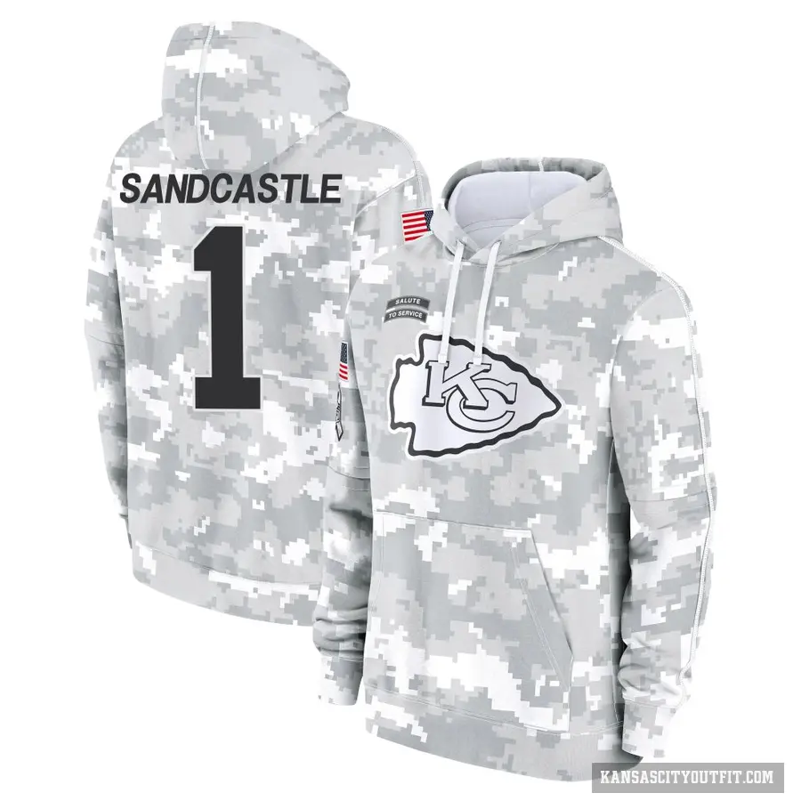 Youth ＃1 Leon Sandcastle Kansas City Chiefs Arctic Camo 2024 Salute to Service Club Fleece Pullover Hoodie