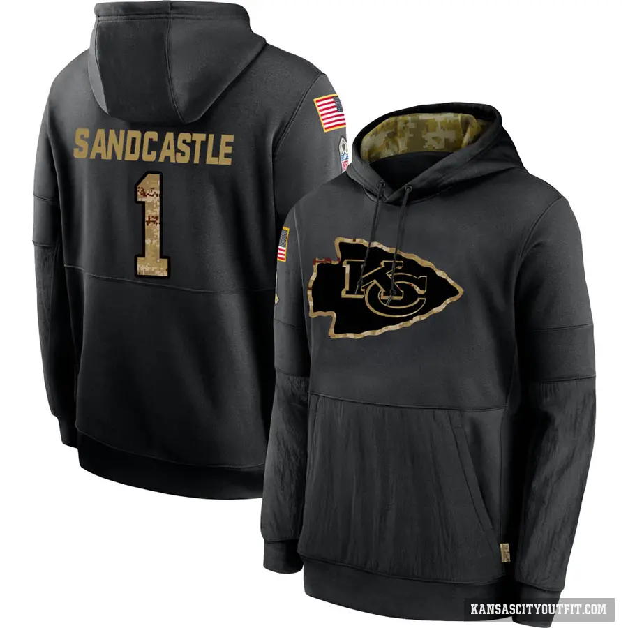 Youth ＃1 Leon Sandcastle Kansas City Chiefs Black 2020 Salute to Service Sideline Performance Pullover Hoodie