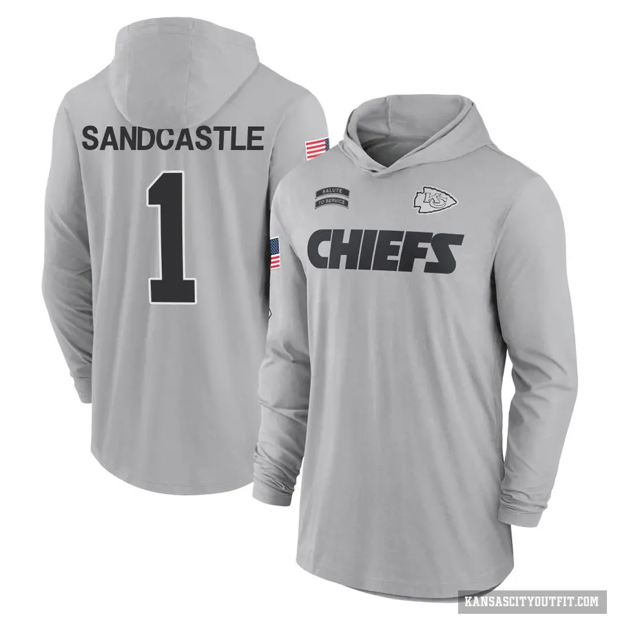 Youth ＃1 Leon Sandcastle Kansas City Chiefs Gray 2024 Salute to Service Lightweight Performance Long Sleeve Hooded T-Shirt
