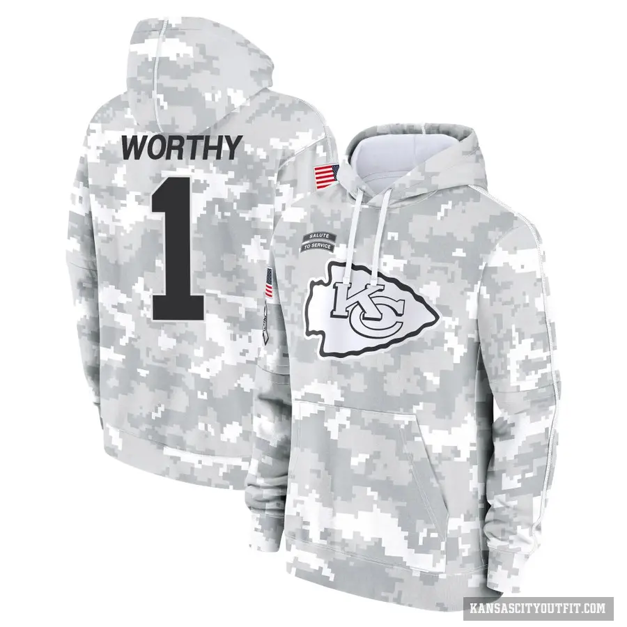 Youth ＃1 Xavier Worthy Kansas City Chiefs Arctic Camo 2024 Salute to Service Club Fleece Pullover Hoodie