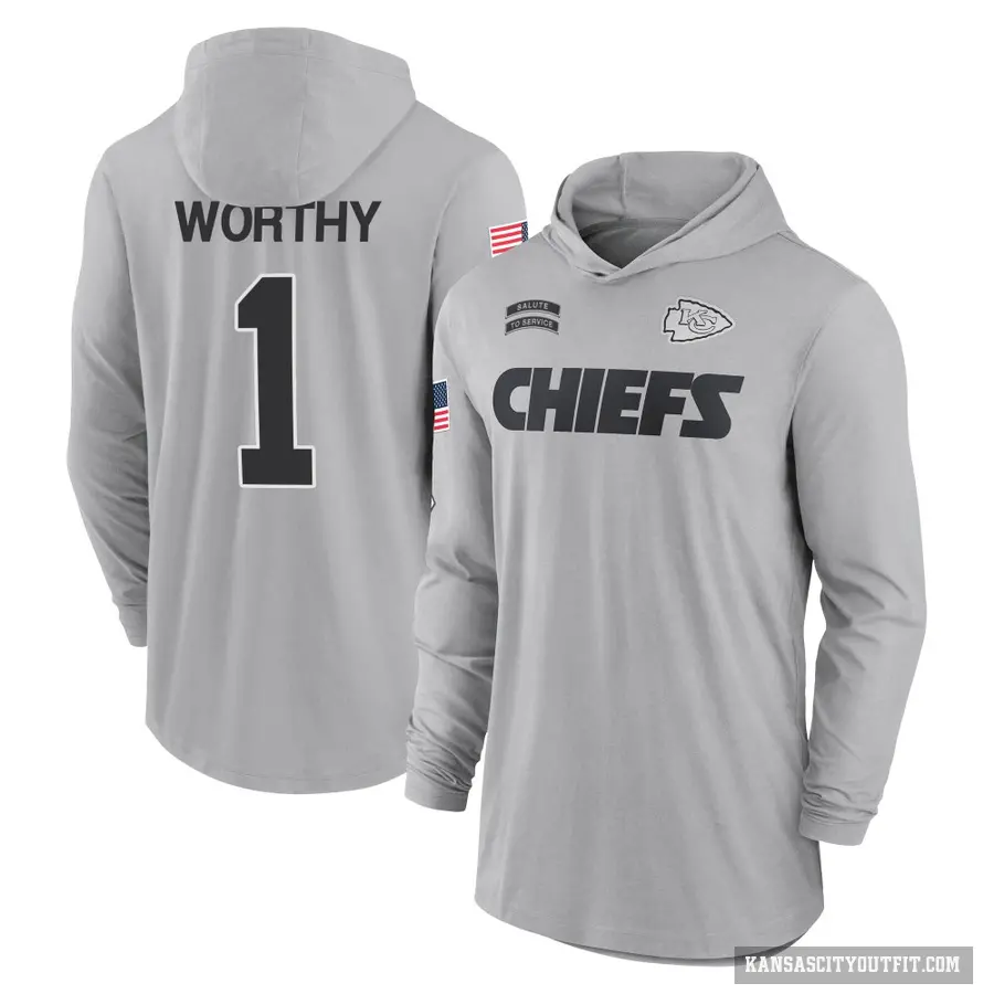 Youth ＃1 Xavier Worthy Kansas City Chiefs Gray 2024 Salute to Service Lightweight Performance Long Sleeve Hooded T-Shirt