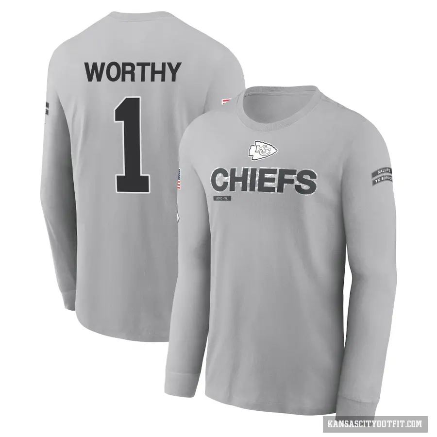 Youth ＃1 Xavier Worthy Kansas City Chiefs Gray 2024 Salute to Service Long Sleeve T-Shirt