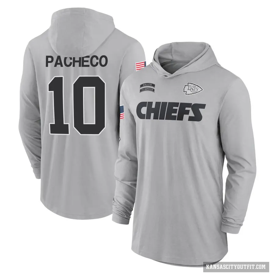 Youth ＃10 Isiah Pacheco Kansas City Chiefs Gray 2024 Salute to Service Lightweight Performance Long Sleeve Hooded T-Shirt