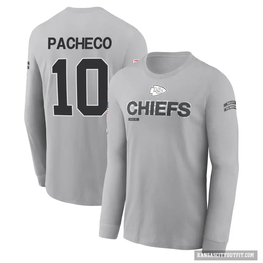 Youth ＃10 Isiah Pacheco Kansas City Chiefs Gray 2024 Salute to Service Long Sleeve T-Shirt