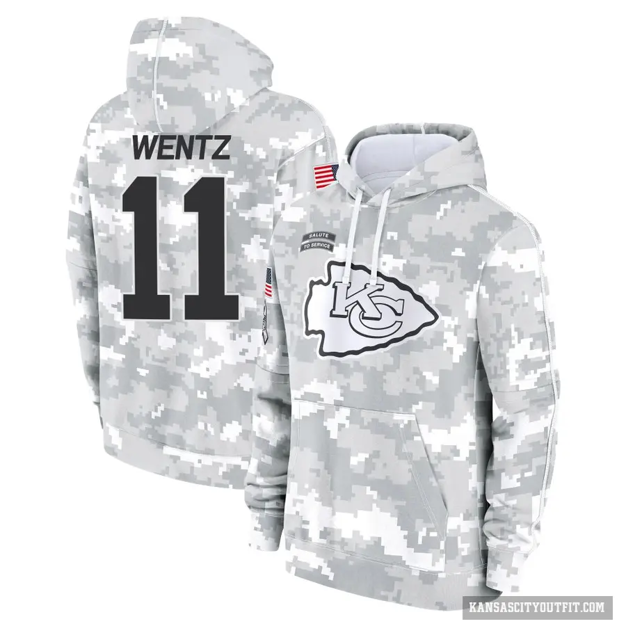 Youth ＃11 Carson Wentz Kansas City Chiefs Arctic Camo 2024 Salute to Service Club Fleece Pullover Hoodie